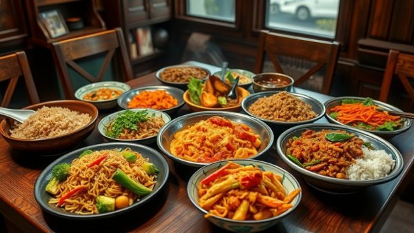 Chinese food spread on wooden table, Christmas Day in Denver.