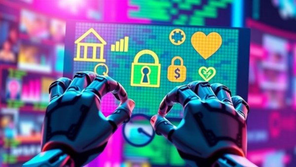 Illustration depicting AI data privacy risks with robotic hands and privacy icons.