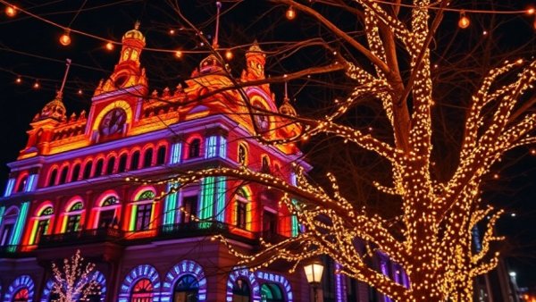 Vibrant building and tree lights in Denver at night, things to do this weekend.