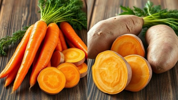 Split image of fresh carrots vs. sweet potatoes benefits comparison on a wooden surface.
