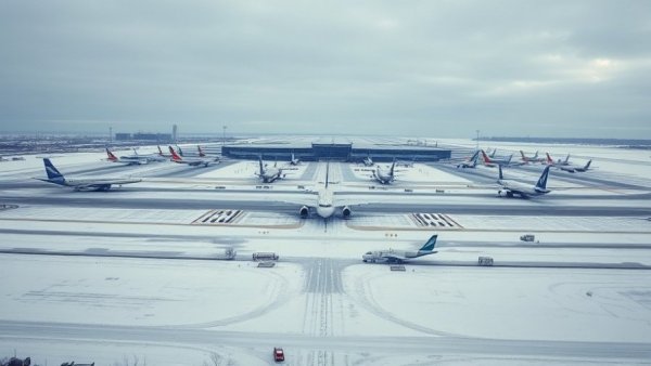 Snow-covered airport in Canada with airplanes and high airfares concerns.