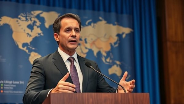 Man speaking at podium with world map background addressing EU US visa ban and activists.