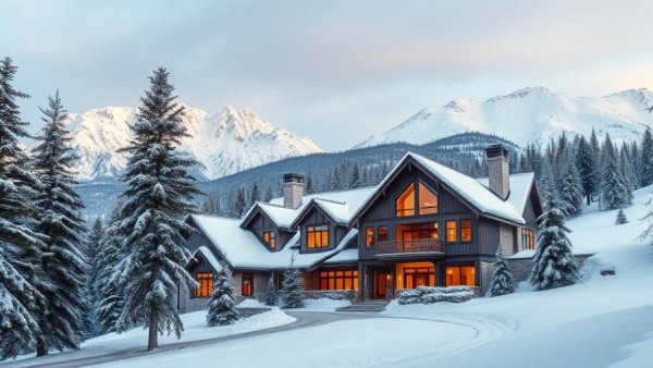 Photorealistic snowy luxury home in Whistler with ambient lighting.