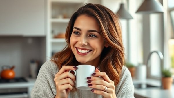 Smiling woman in kitchen promoting gut health with vitamin D.