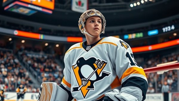 Promising goaltending prospect for Pittsburgh Penguins preparing during game.