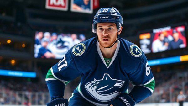 Vancouver Canucks player skating during a game in bright arena lighting.