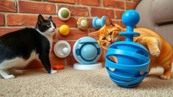 Two cats enjoying interactive toys, perfect for vancouver animals supplies.
