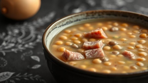 Best recipes for leftover ham: split pea soup in a bowl on a textured table.