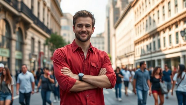 Confident man in a red shirt smiling in a city square, showcasing small habits that make guys look more successful.