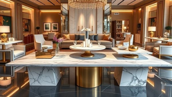 Luxurious furniture with marble and gold accents, elegant decor