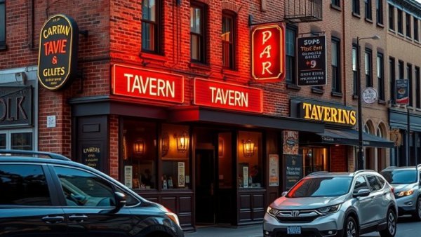 Charming brick tavern exterior with vintage neon signs in Denver.