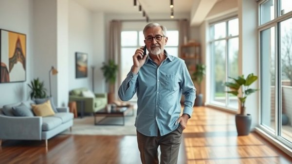 Older man using smartphone in a modern living room.