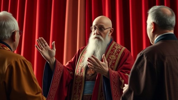 Elderly cleric blessing, peace gesture in dialogue setting.