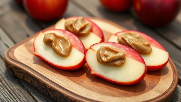 Healthy apple slices with peanut butter on a wooden board.