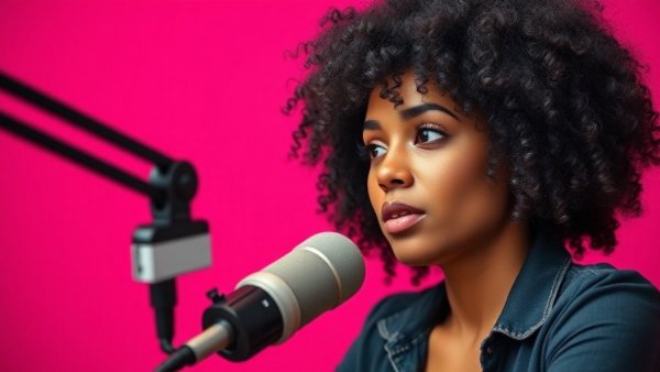 Thoughtful curly-haired woman speaks into a microphone in a studio.