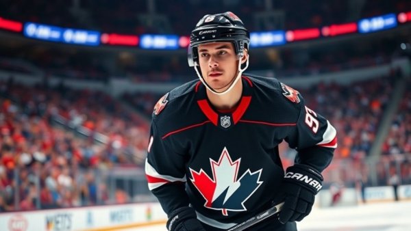 Hockey player in Canada jersey skating on ice in arena.