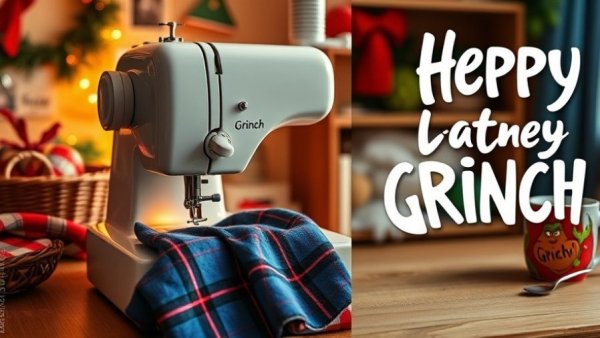 Collage featuring wholesome internet posts with sewing machine and Grinch mug.
