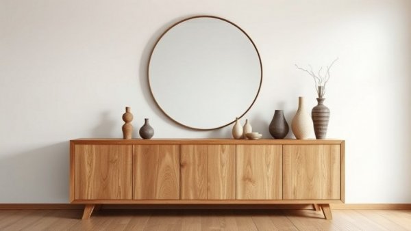 Rustic wooden sideboard with decor and mirror in a minimalist home improvement setting.