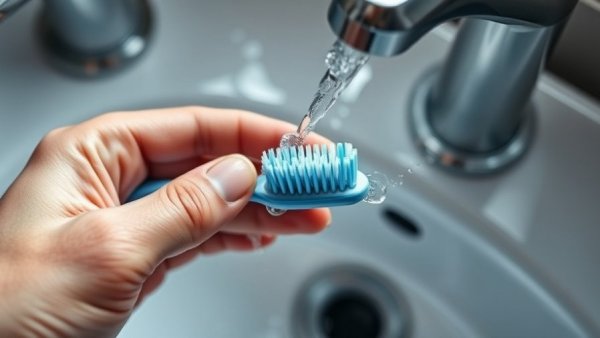 Toothbrush under running water, illustrating dental hygiene.