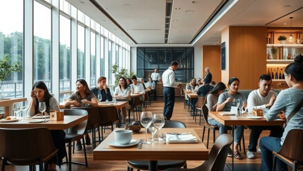 Modern restaurant with guests and servers, bird's eye view, restaurant industry plans for 2026.