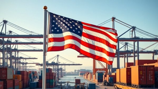 Port scene with American flag and shipping containers, Trump 2025 Global Tariff Wars.