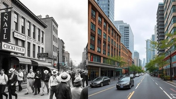 Historical vs modern Vancouver Downtown Eastside; street transformation.