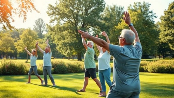 Mature adults stretching outdoors in a park for year-end wellness checklist.