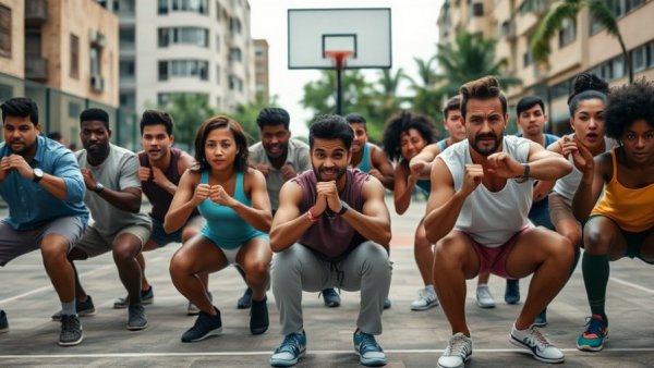 Individuals exercising outdoors wearing weightlifting shoes.