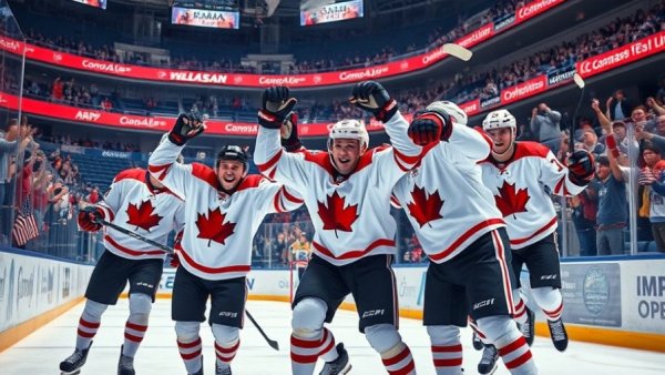 Canada World Juniors 2026 hockey players celebrating goal with cheering fans.