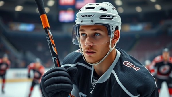 Young hockey player on ice rink holding stick, Vancouver Canucks related.