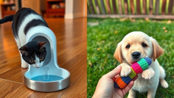 Curious cat drinks from fountain and playful puppy chews toy, showcasing Vancouver pet products.
