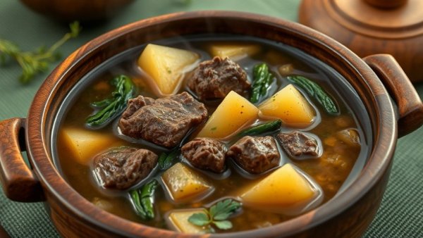 Family friendly soup recipe with beef and vegetables in a wooden bowl on a green cloth.