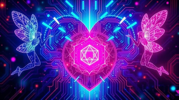 Qwen AI Model-inspired neon heart with glowing fairies.