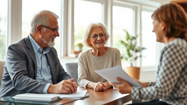 Elderly couple discussing retirement savings with advisor in modern home.