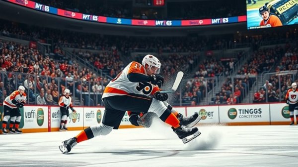 Flyers player in action during game, intense and dynamic ice hockey moment.