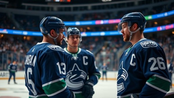 Vancouver Canucks players in conversation during a game.
