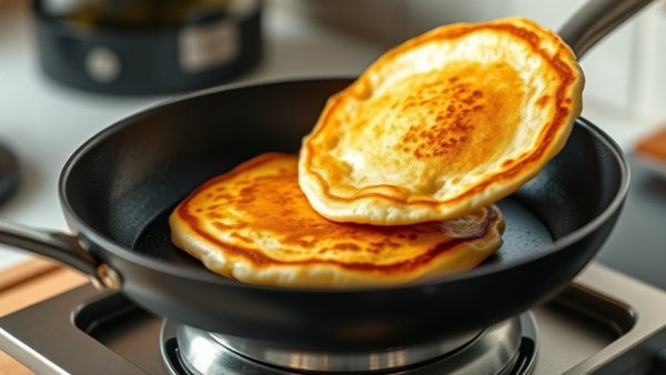 Pancake in modern non-stick pan, ditch old kitchen tools elegance.