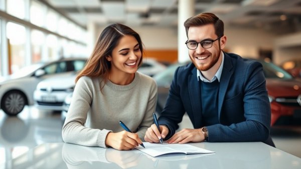 Young couple signing a contract at car dealership, car subscription services financial trap concept.