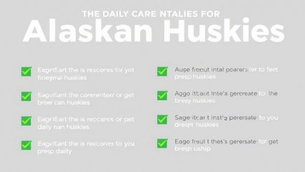 Alaskan Husky care essentials listed on grey background.