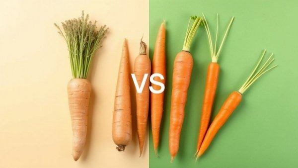 Comparison of parsnips vs carrots health benefits, side-by-side image.