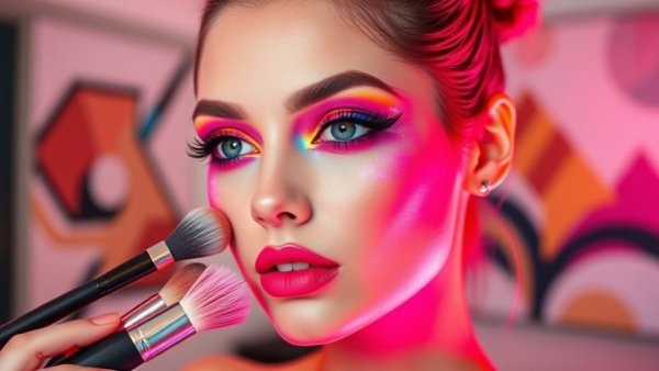 Vibrant futuristic makeup look, makeup tips 2025, bold neon colors, modern style.