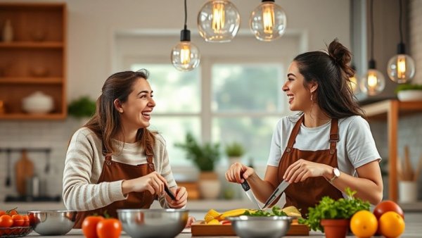 Cheerful couple cooking foods that boost mood in kitchen.