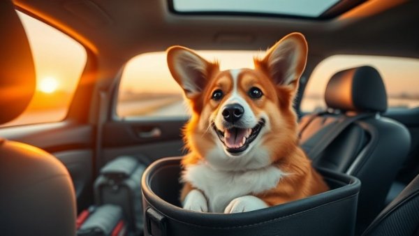Corgi with pet travel essentials in car seat during sunset.