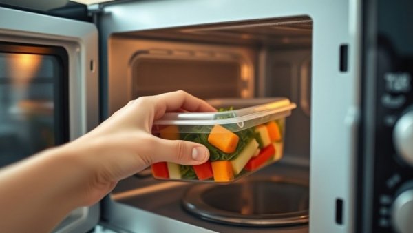Person putting food in microwave, subject related to foods that can turn toxic when reheated.