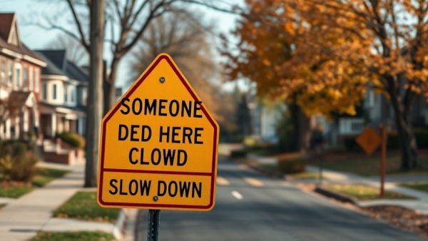 Warning sign for Colorado Springs traffic safety on a suburban street.