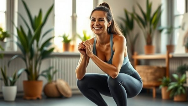 Woman performing morning workout exercises, home setting.