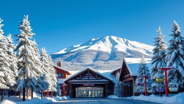 Sunshine Village Banff entrance with snow, trees, mountains.