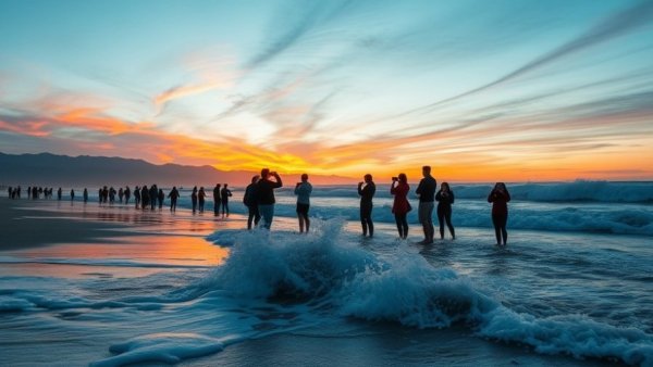 Vancouver BC events: people on beach with waves and mountains.