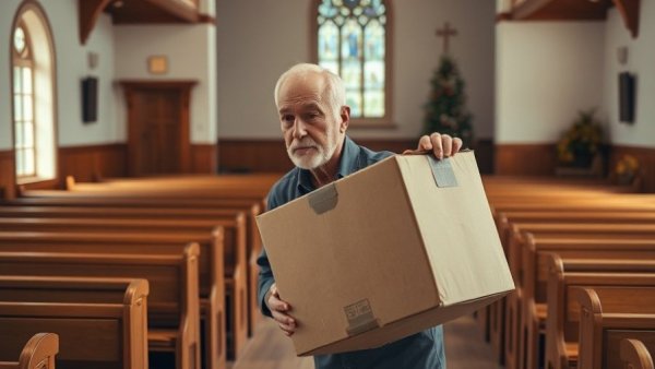 Vancouver local news: Man carrying box in church setting.
