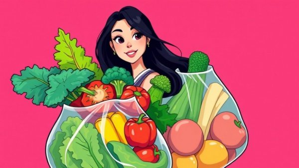 Illustration of a woman with vegetables highlighting nutrition tips for families.